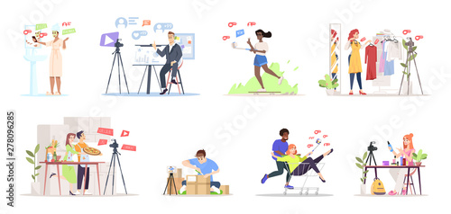 Bloggers streaming flat vector illustrations set. Influencer marketing. Streamers, vloggers cartoon characters. Fashion, online review, culinary vlogs content creators. Live video channel concept
