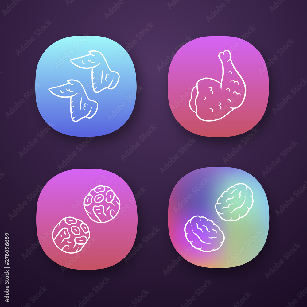 Butchers meat app icons set. Chicken wings, ham, burger patties, oxtails. Butchery business. Meat production and sale. UI/UX user interface. Web or mobile applications. Vector isolated illustrations