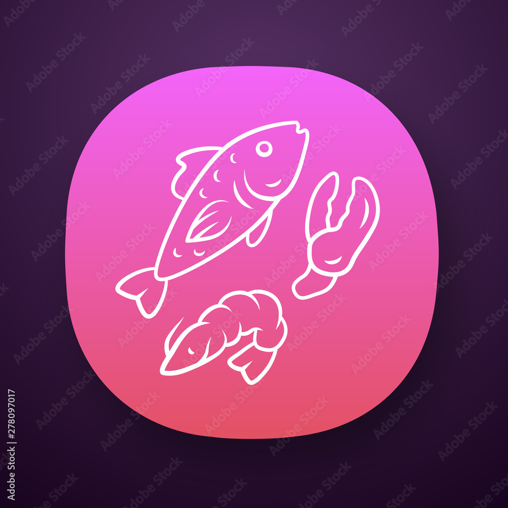 Seafood app icon. Omega 3 source products UI/UX user interface. Gourmet meal, healthy food. Web or mobile application. Salmon fish, shrimp and lobster claw vector isolated illustration Seafood app icon. Omega 3 source products UI/UX user interface. Gourmet meal, healthy food. Web or mobile application. Salmon fish, shrimp and lobster claw vector isolated illustration
