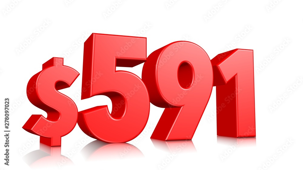 591$ Five hundred ninety one price symbol. red text number 3d render with dollar sign on white background 591$ Five hundred ninety one price symbol. red text number 3d render with dollar sign on white background