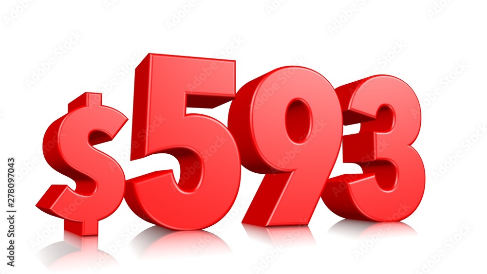 593$ Five hundred ninety three price symbol. red text number 3d render with dollar sign on white background 593$ Five hundred ninety three price symbol. red text number 3d render with dollar sign on white background