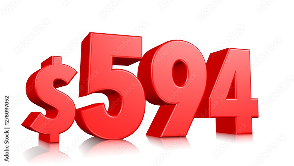 594$ Five hundred ninety four price symbol. red text number 3d render with dollar sign on white background 594$ Five hundred ninety four price symbol. red text number 3d render with dollar sign on white background