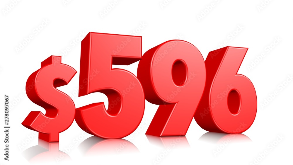 596$ Five hundred ninety six price symbol. red text number 3d render with dollar sign on white background 596$ Five hundred ninety six price symbol. red text number 3d render with dollar sign on white background