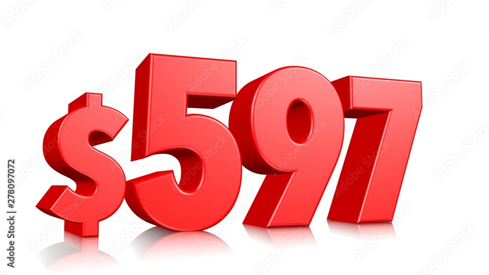597$ Five hundred ninety seven price symbol. red text number 3d render with dollar sign on white background 597$ Five hundred ninety seven price symbol. red text number 3d render with dollar sign on white background