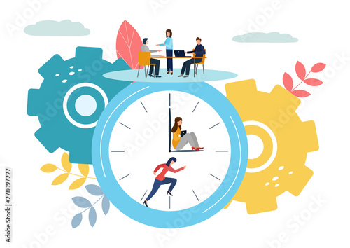 Vector illustration, round clock on white background, time management concept.