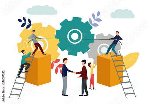 Vector illustration, symbol of competition, corporate conflict, tug-of-war, working mechanism. Conflict resolution.