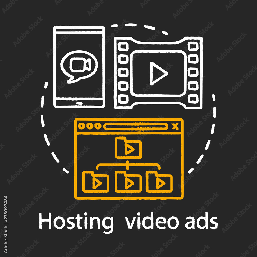 Hosting video ads chalk concept icon. Affiliate marketing idea. Performance based marketing. Online video advertising. Content sharing. Vlogging, streaming. Vector isolated chalkboard illustration Hosting video ads chalk concept icon. Affiliate marketing idea. Performance based marketing. Online video advertising. Content sharing. Vlogging, streaming. Vector isolated chalkboard illustration