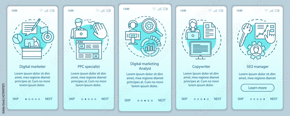 Digital marketing specialties turquoise onboarding mobile app page screen with linear concepts. SEO manager walkthrough steps graphic instructions. UX, UI, GUI vector template with illustrations