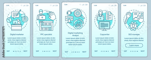 Digital marketing specialties turquoise onboarding mobile app page screen with linear concepts. SEO manager walkthrough steps graphic instructions. UX, UI, GUI vector template with illustrations