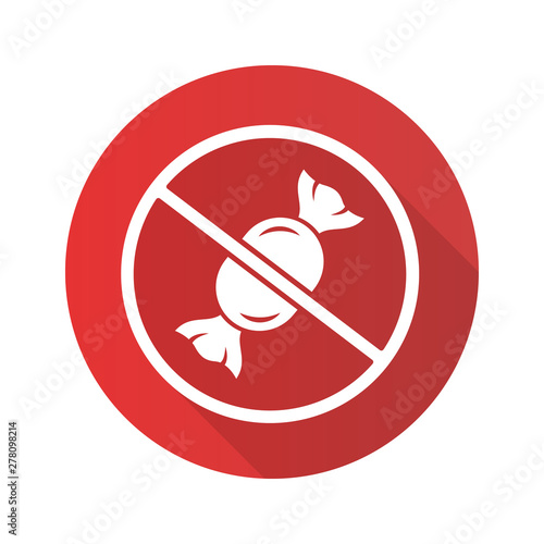 Sugar free product flat design long shadow glyph icon. No glucose and sweetener, diabetic diet. No candies prohibition. Healthy eating, zero calorie food vector silhouette illustration