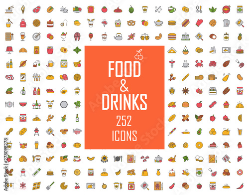 Food and drinks color icons big set. Breakfast, dinner, lunch. Restaurant menu and BBQ. Meat, fish, vegetables, fruits, cookies, desserts. Alcohol drinks and cocktails. Isolated vector illustrations