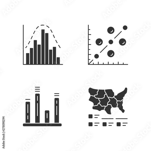 Diagrams glyph icons set. Histogram, bar graph, scatter plot, cartogram. Statistics data visualization. Comparisons among discrete categories. Silhouette symbols. Vector isolated illustration
