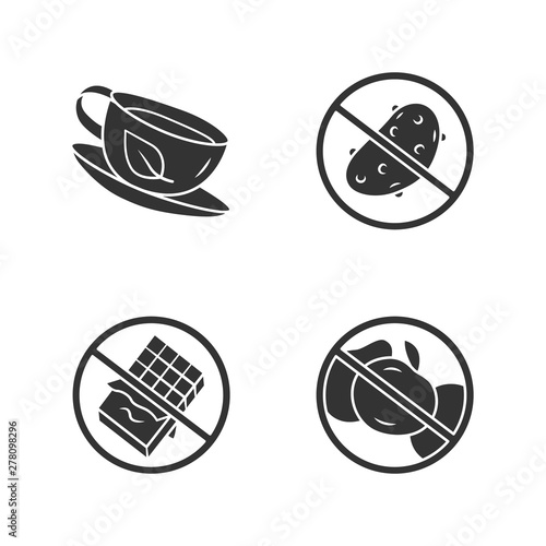 Low carbs glyph icons set. No fructose and glucose, diabetic products. Organic green tea cup, antioxidant. Silhouette symbols. Sugar free food and healthy eating vector isolated illustration