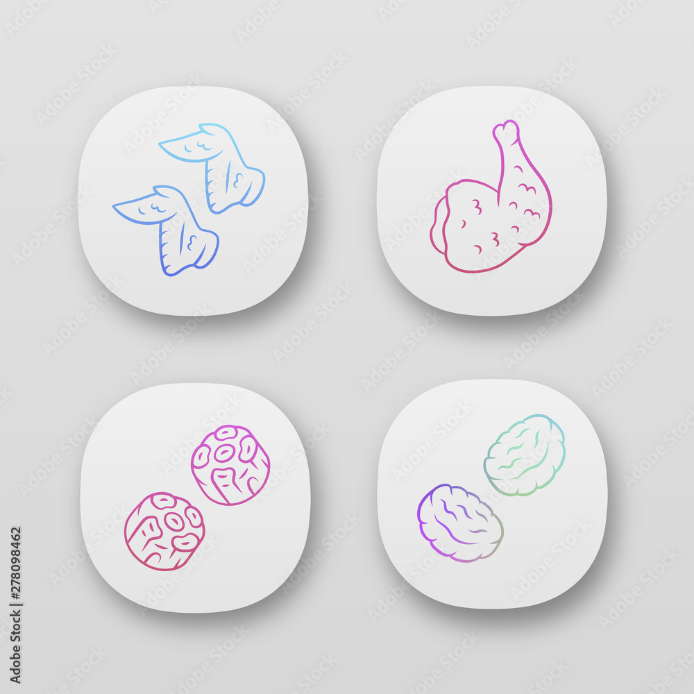 Butchers meat app icons set. Chicken wings, ham, burger patties, oxtails. Meat production and sale. Protein sources. UI/UX user interface. Web or mobile applications. Vector isolated illustrations