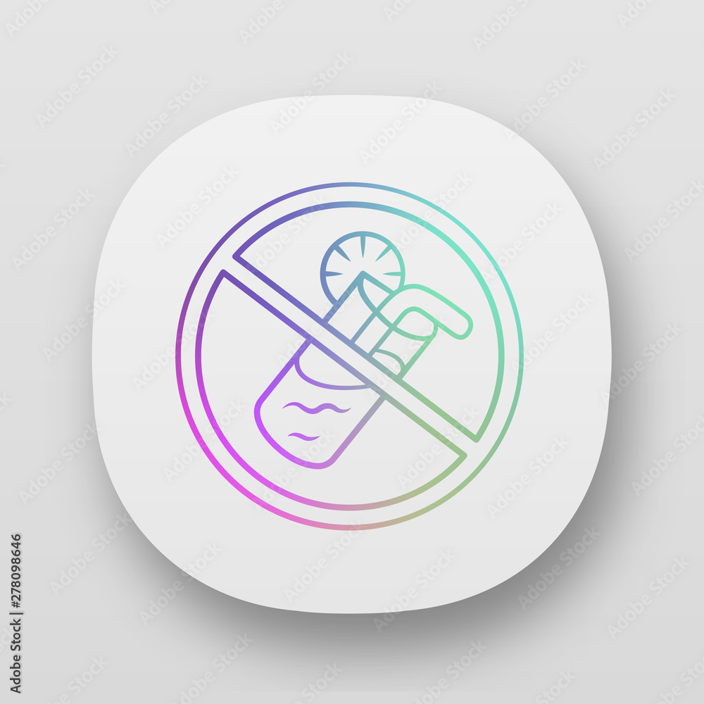 No juice and soda app icon. High sugar containing fizzy drink. UI/UX user interface. No soft drink. Beverage in plastic takeaway cup with straw. Web or mobile application. Vector isolated illustration No juice and soda app icon. High sugar containing fizzy drink. UI/UX user interface. No soft drink. Beverage in plastic takeaway cup with straw. Web or mobile application. Vector isolated illustration