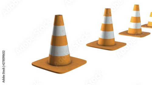 Traffic cone. Orange road sign with white stripes 3d render video available in 4k FullHD and HD render footage. Under construction concept. photo