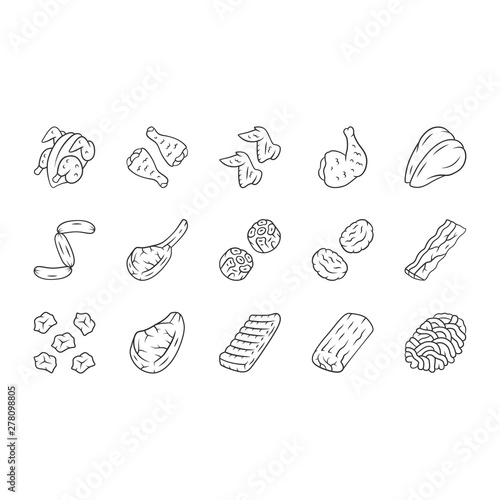 Butchers meat linear icons set. Chicken drumsticks, breast and ham. Bacon, burger patties, steaks, oxtails. Butchery business. Thin line contour symbols. Isolated vector illustrations. Editable stroke