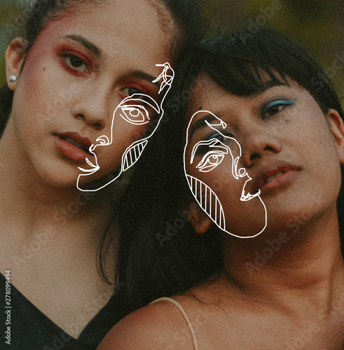 Portrait of two women with eyeshadow and line art