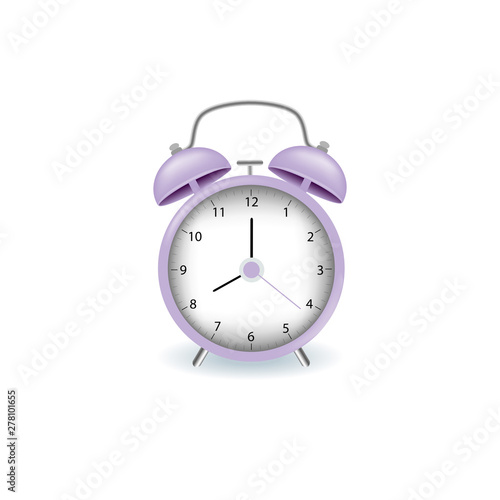 Alarm clock purple wake-up time isolated on background in realistic style. Vector illustration.