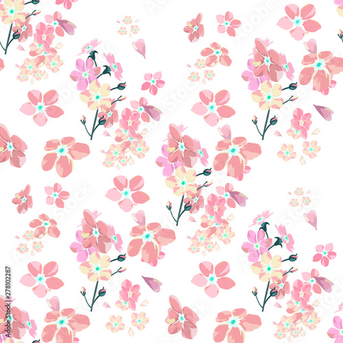 gentle little flowers and petals flying aside the botanical pattern of small colored wildflowers