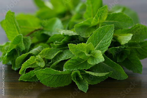 Freshly harvested organic mint on a wooden table