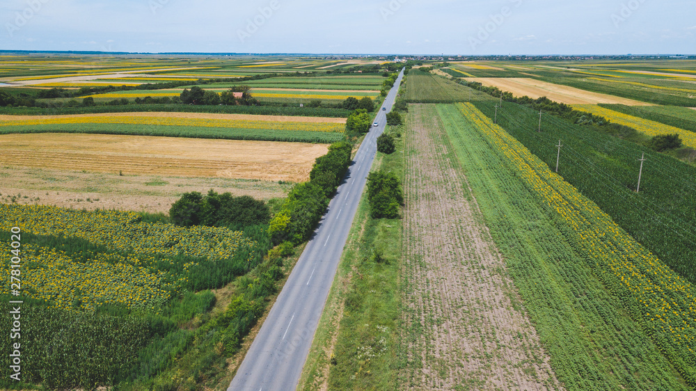 Asphalt road through fields and villages, aerial view