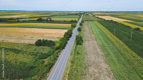 Asphalt road through fields and villages, aerial view