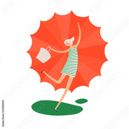 Vector sale woman person banner element. Nature theme. Modern style flat happy female in short dress holding bag and umbrella on white. Design for summer shopping event, flyer, offer, promo, ads