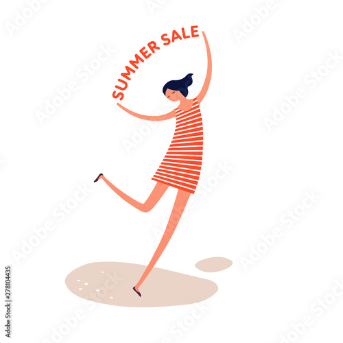 Vector sale woman person banner template. City theme. Modern style flat female joy in short dress holding sale text isolated on white. Design for summer shopping event, flyer, offer, promo, ads