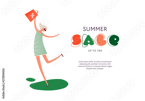 Vector sale woman person banner template. Modern style flat happy female character in dress keeps a bag on white background. Blank for text. Design for summer shopping sale event, flyer, offer, promo