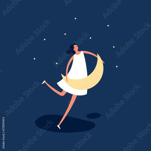 Vector person dream modern illustration. Trendy style female in dress fly over the moon to star isolated on blue night sky background. Concept of dreaming, spiritual growth, success, happiness.