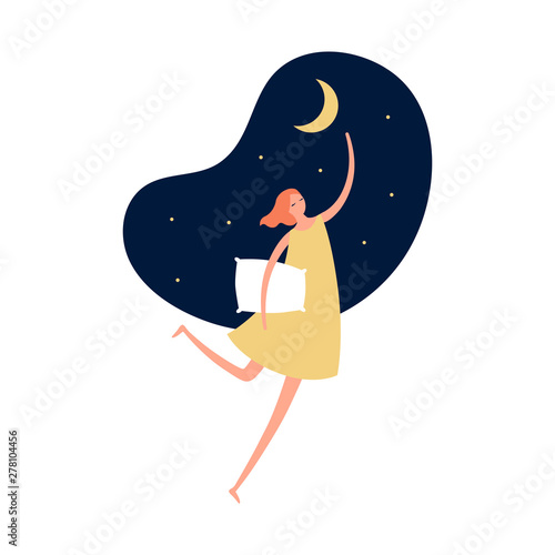 Vector person dream modern illustration. Trendy style female in dress fly over to star holding pillow isolated on blue night sky shape. Concept of dreaming, spiritual growth, success, happiness, path,