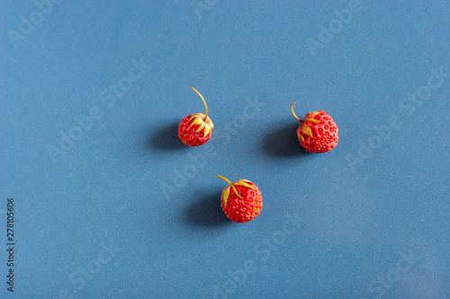 Still life of Still life of three wild strawberries on blue ceramic tiles with dust texture and reflection. Side view from above. Flat view. Forest strawberry. photo