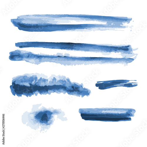 Deep blue watercolor shapes, splotches, stains, paint brush strokes. Abstract watercolor texture backgrounds set. Deep blue. Navy blue. Isolated on white background. Vector illustration.