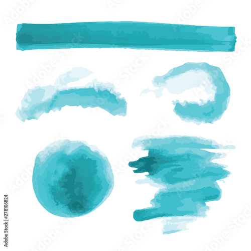 Turquoise, light blue watercolor shapes, splotches, stains, paint brush strokes. Abstract watercolor texture backgrounds set. Isolated on white background. Vector illustration.