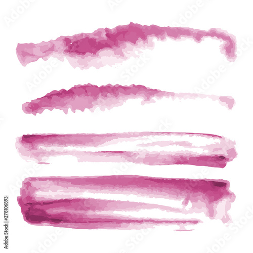 Pink watercolor shapes, splotches, stains, paint brush strokes. Abstract watercolor texture backgrounds set. Isolated on white background. Vector illustration.