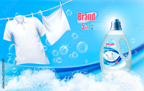 Laundry detergent ad. White clothes hanging on rope and soap foam bathe. Design template. Vector