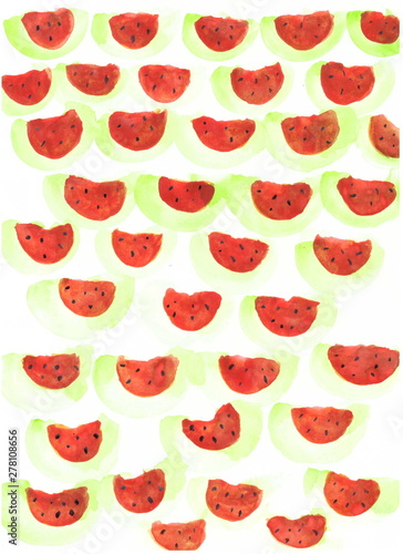 Drawing with watercolors: abstraction - watermelon slices on a white background.
