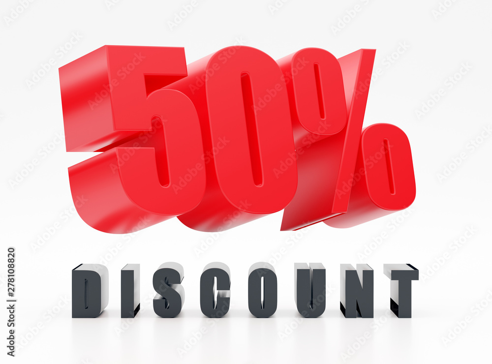 50% discount, red glossy symbol on white background 50% discount, red glossy symbol on white background