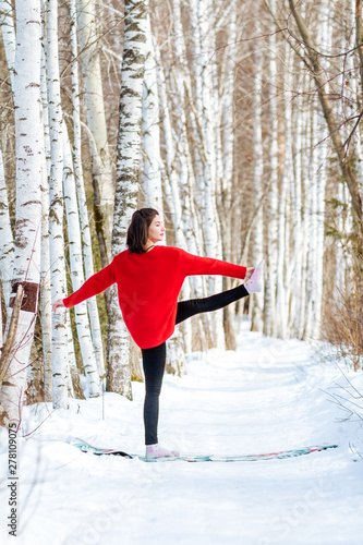 Yoga in the snow. Girl practicing yoga in the Park. Time of year winter. Snow-covered trees. © Vasil