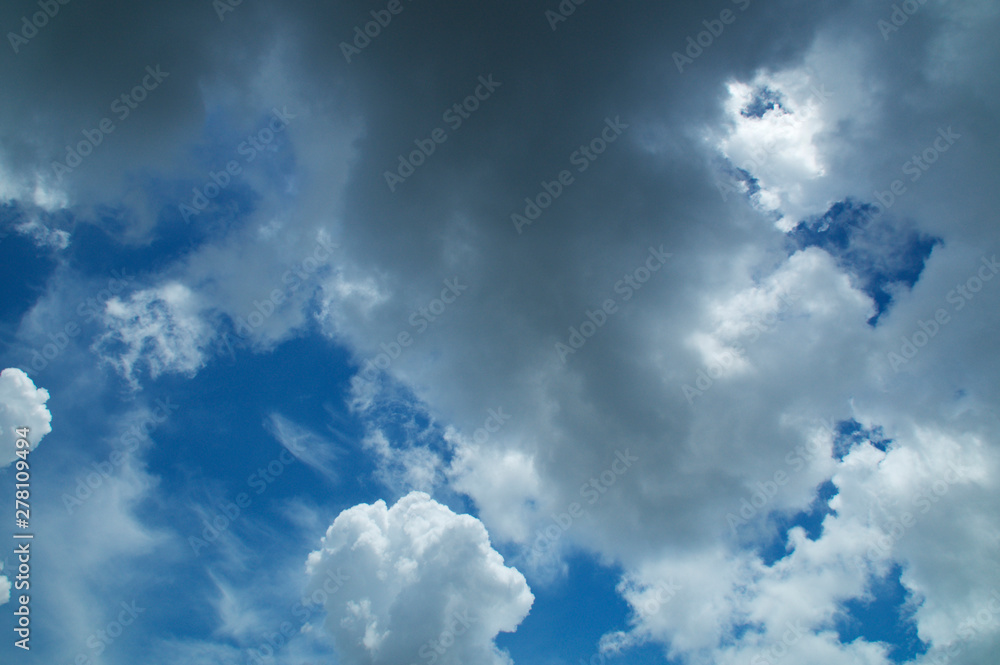 Beautiful thick and puffy clouds fill a vibrant blue sky in southwest florida at noontime in summer.