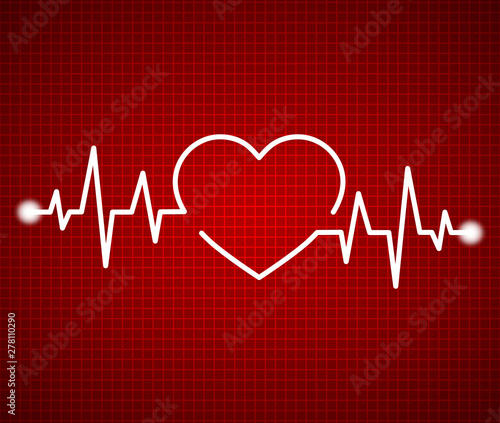 Abstract heart beats, cardiogram. Cardiology dark red background. Pulse of life line forming heart shape. Medical design over red background. vector