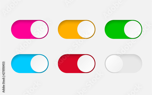 Set of On and Off toggle switch buttons.Design colorful switch buttons set.Toggle slide for mobile app, social media. vector eps10