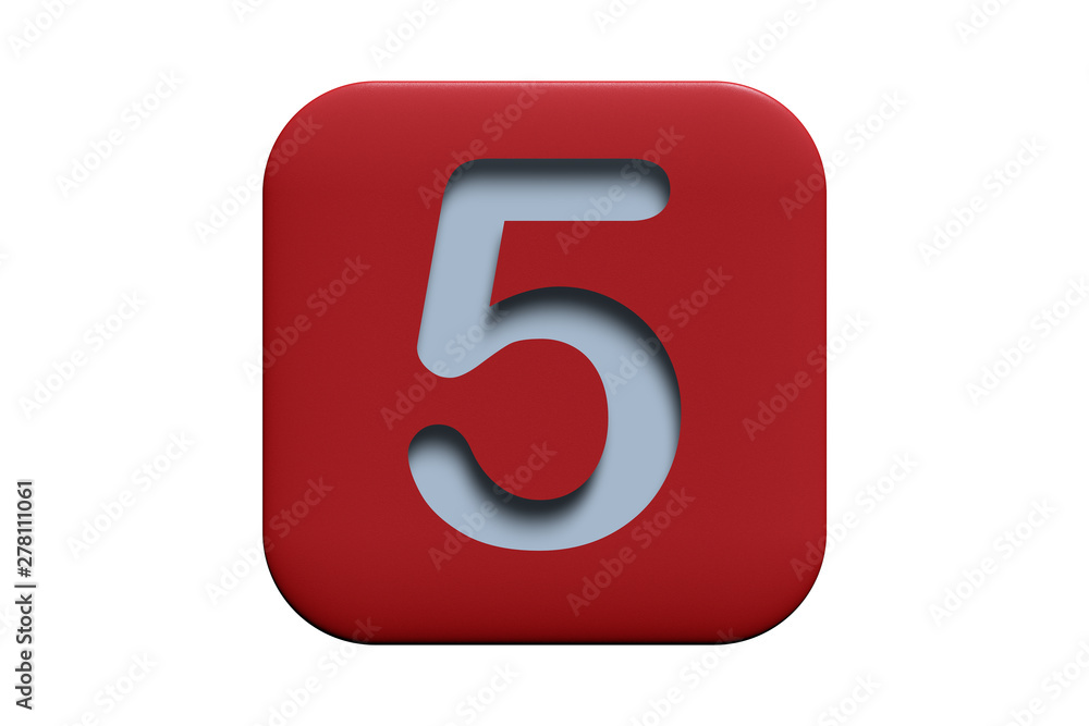 Red textured icon with number 5 isolated on white, 3d illustration Red textured icon with number 5 isolated on white, 3d illustration