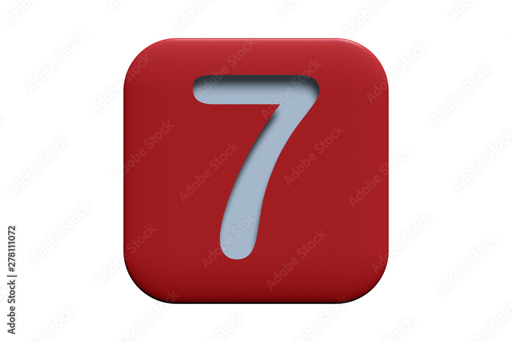 Red textured icon with number 7 isolated on white, 3d illustration