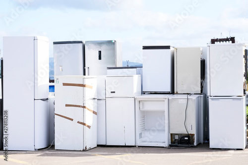 Fotografi Fridge freezers outdoors at recycle depot for safe disposal refrigeration equipm