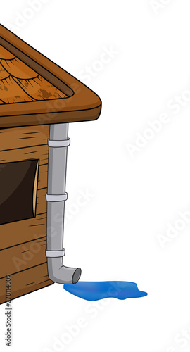 house with gutter roof with rain puddle cartoon illustration isolated on white background