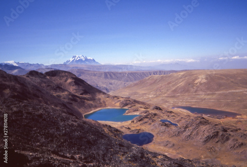 Mountain lakes on Chacaltaya with Mount Illimani in Bolivia in the background.