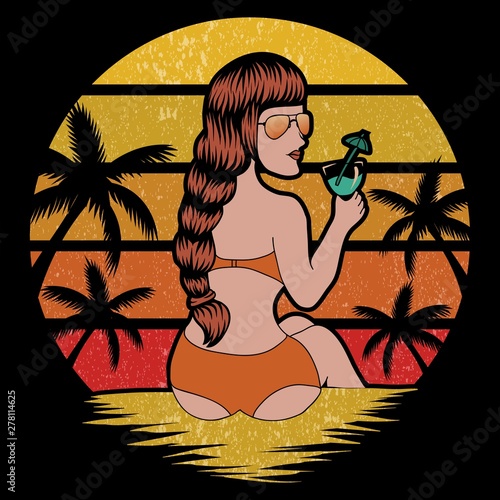 woman beach holiday retro vector illustration 