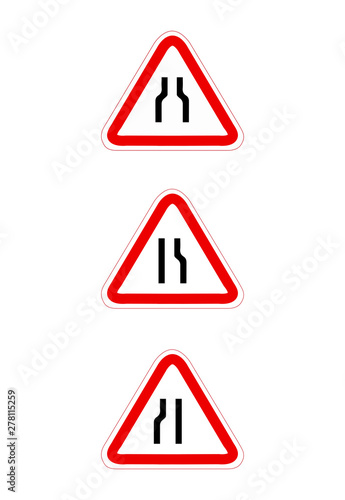 Traffic sign road narrows. Vector illustration. Road narrows traffic sign on white background with clipping path. Road,signnarrow road ahead. a triangular design warning for road narrows ahead in righ